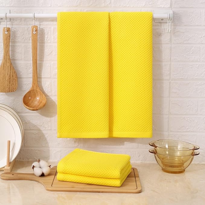 Kitinjoy 100% Cotton Waffle Weave Kitchen Hand Towels (13 x 28 Inches, Yellow), 4-Pack Super Soft and Absorbent Dish Towels for Drying Dishes