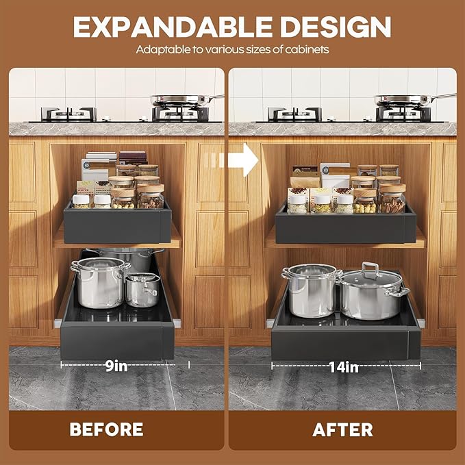Seinloes 2 Pack Expandable (9"-14") Pull Out Cabinet Organizer 21" Deep With Raising Pad for Framed Cabinets,Upgrade 3 Slide Rails Slide Out Drawers,No Drill Roll Out Shelves Adhesive,Black