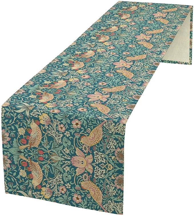 William Morris Floral Table Runner Strawberry Thief Vintage Flower Art Printed Dinner Runner for Home Kitchen Dining Table Living Room Decor Fabric 1 Panel W13xL90in