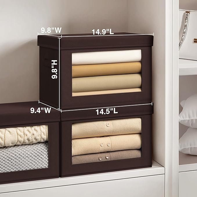 Homsorout Stackable Storage Bins with Lids - Medium Storage Box with Lids, Foldable Closet Boxes for Organizing, Wardrobe Clothes Organizer with Window, Cubes Bins for Living Room, 5 Pack, Brown