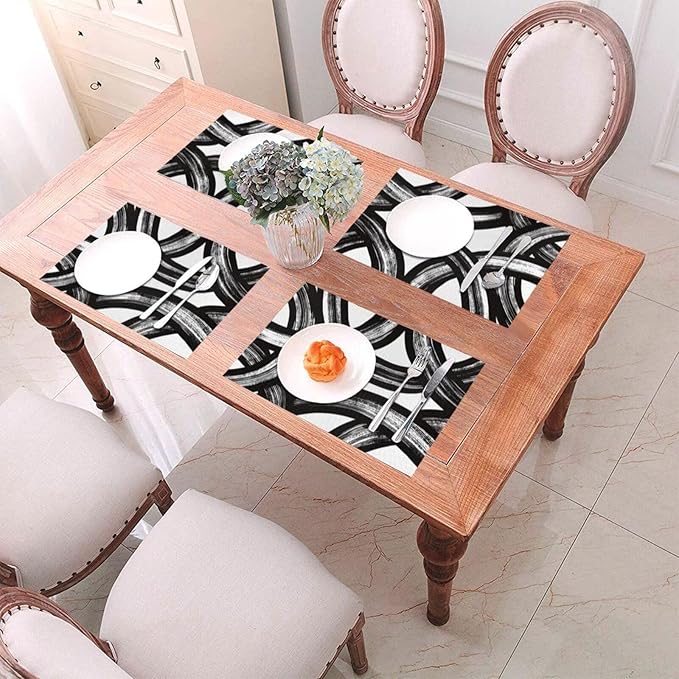 Black and White Curve Patterned Linen Placemats Set of 4, Washable Non-Slip Heat-Resistant Modern Abstract Art Decorative Kitchen Table Mats for Kitchen Dining Table Home Party Farmhouse, Home Decor
