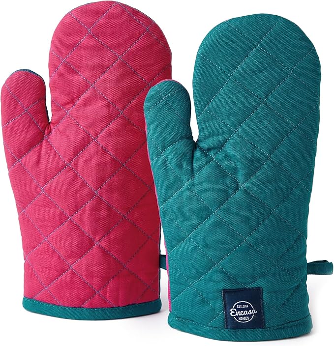 Encasa XO Heat Resistant Cotton Oven Gloves Mitts (2 Pc Set) - Quilted & Safe 12x6.6 in - for Kitchen, Cooking & Baking, Grilling, Handling Hot Pots & Pans - Azul Blue
