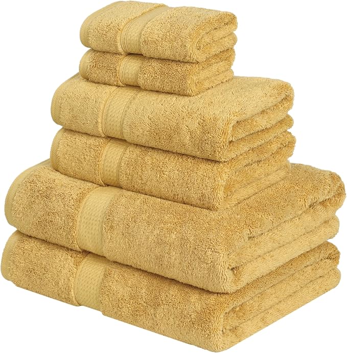 Superior Egyptian Cotton Pile 6-Piece Towel Set, Includes 2 Bath, 2 Hand, 2 Face Towel/Washcloth, Heavyweight, Ultra Soft Luxury Towels, Thick Plush Essentials, Guest Bath, Spa, Hotel Bathroom, Gold