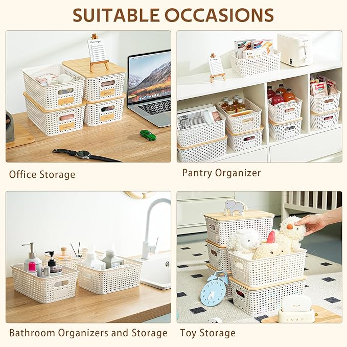 8 Pack Plastic Storage Bins with Bamboo Lids - Stackable Storage Baskets with Handle for Pantry Organizer and Storage, Plastic Containers Bins Lidded Storage Bins for Classroom Office Shelves
