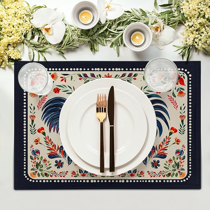 Vintage Rooster Placemats Set Farmhouse Chicken Linen Table Mat Washable Place Mats for Dining Kitchen Party Decor