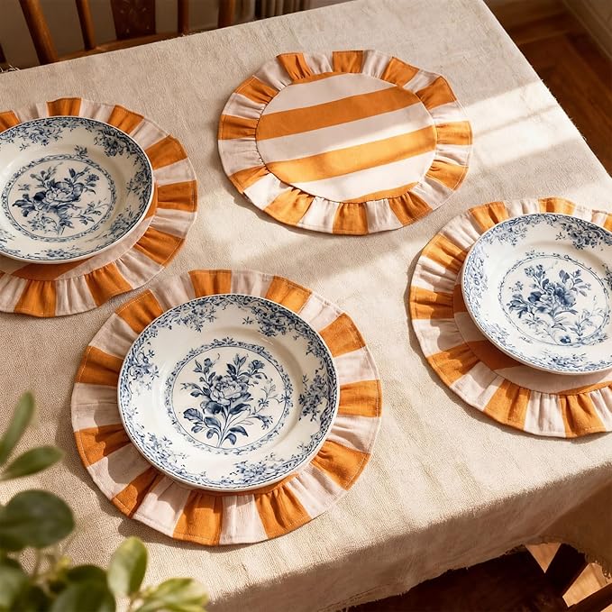 4 Pcs 15 Inch 100% Cotton Scalloped Round Placemats, Thin Yellow & White Stripes Place Mats with Ruffle, Washable Placemats Table Mats for Kitchen Dining Holiday Gatherings Decor