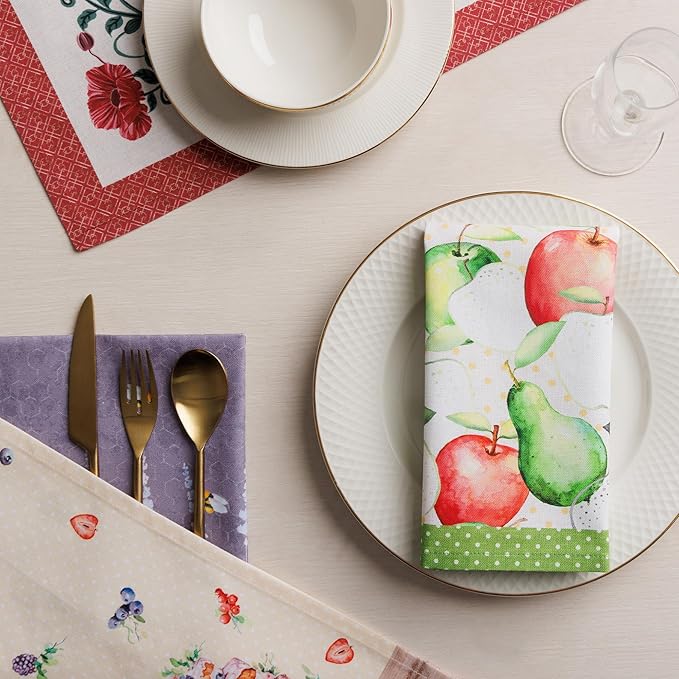 Maison d' Hermine Cloth Napkins Set of 4 100% Cotton Everyday Reusable Square Napkins Cloth Washable Dinner Party Wedding Restaurant Gifts for Mothers Day Spring/Summer (Apples & Pears, 18" x 18")