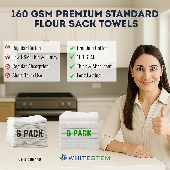 Flour Sack Towels 28” x 28” – Pack of 6 Cotton Kitchen Towels, Dish Towels and Tea Towels for Embroidery, Thick Absorbent for Baking & Bread Proofing - Natural