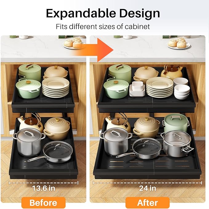 Pull out Cabinet Organizer, 2-Pack Expandable(13.6"-24") Silde out Drawers with Raising Pad for Framed Cabinets, Adjustable Full-Extension Adhesive Roll out Shelves for Kitchen Pantry Home Pot and Pan
