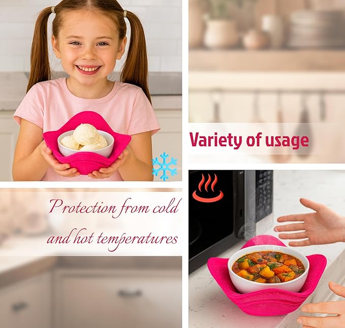 Set 2X Pink 7" sq. x 4" H Inch Microwave Bowl Cloth Hot Pads Pot Holders Polyester Microwavable Bowl Cozies for Food, Ooma, Ramen Bowls Cozy or Soup Koozie, Good Kitchen Accessories, Gadgets