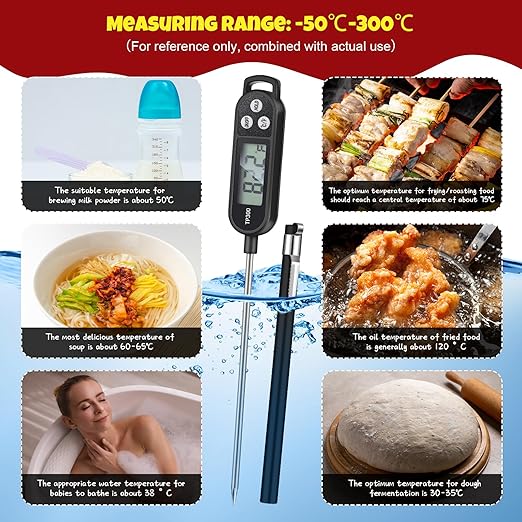 Copkim 12 Pcs Instant Read Meat Thermometer with Long Probe 9.65 Inch Kitchen Cooking Food Candy Waterproof Digital Thermometer for BBQ Water Milk Yogurt Liquid Cooking (Black,White,Red)