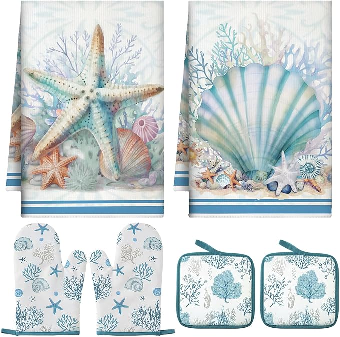 Jingmore 6 Pcs Kitchen Decor Set Accessorie Farmhouse Kitchen Towels Pot Holders and Oven Mitts Set 2 Dish Towels 2 Pot Holders 2 Cooking Mitten Oven Glove for Cooking(Blue,Coastal Starfish Shells)