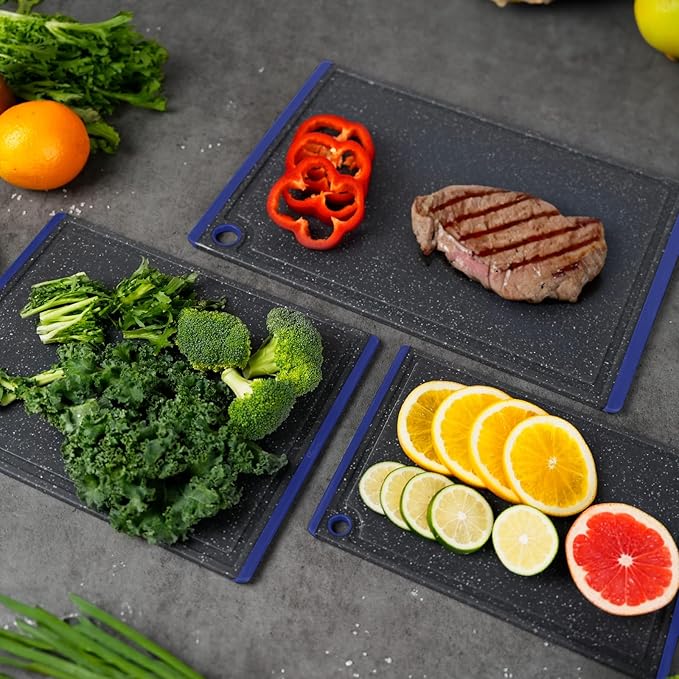 Kikcoin Plastic Cutting Boards for Kitchen, 3-Piece Large Cutting Board Set Dishwasher Safe Chopping Boards with Non-slip Feet and Juice Grooves, Blue