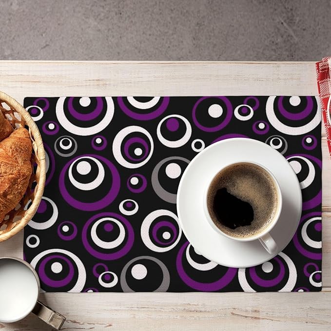 Purple Black Geometric Circles Linen Placemats 12 x 18 Inch Set of 4, Washable Heat Resistant Purple Table Mats for Dining Table Kitchen Party Wedding Outdoor, Modern Home Decor & Gift for Art Lovers