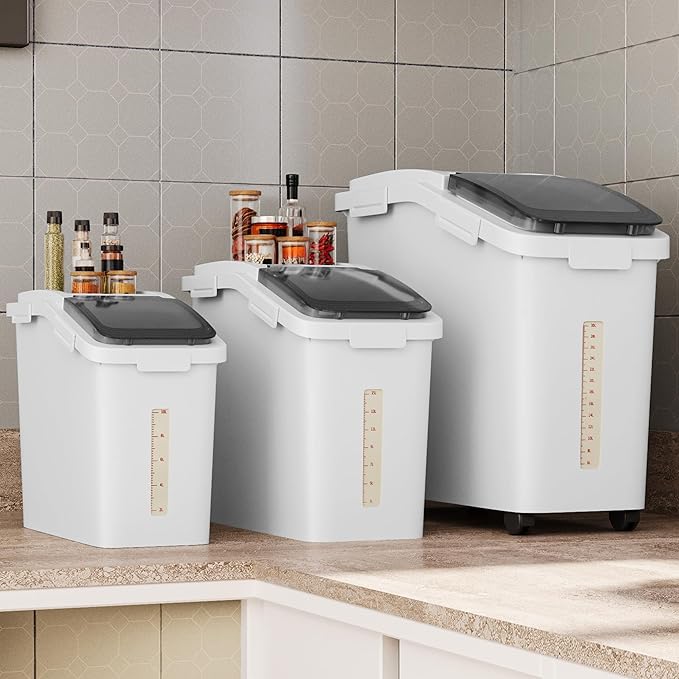 DWVO Large Ingredient Storage Bins, 20.6 Gal(11.4+5.8+3.4 Gal) Flour Rice Food storage Containers Bins with Wheels, Scoop and Airtight Lid for Dry Food, Flour, Cereal Grain, Sugar, White, Pack of 3