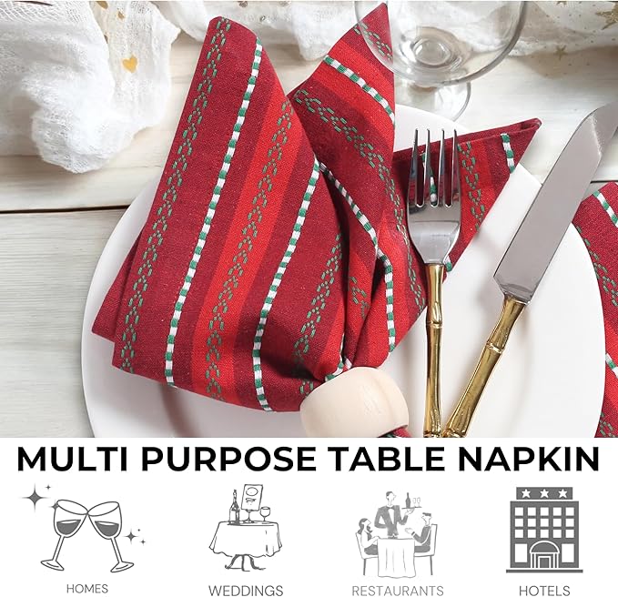 Bedding Craft Cotton Cloth Napkins Set of 12-18x18 Inch Machine Washable Dinner Napkins, Set of 12 Red Green Multi Salsa Stripe Napkins, Wedding Napkins, Cotton Cloth Napkins for Everyday Use