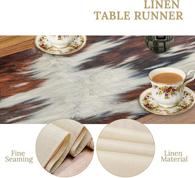 Cow Skin Print Table Runner, Rustic Cottage Country Farm Animal Fur Skin Western Style Brown Cowhide Print Dinner Runner for Home Kitchen Dining Table Decoration 13"x120"