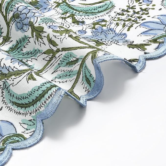 Ridhi Hand Block Print Columbia Blue 18" x 18" (Set of 4) Embroidery Table Napkins Reusable Cotton Dinner Napkins for Weddings, Parties, Everyday Dining Gift for Spring, Easter, Valentine