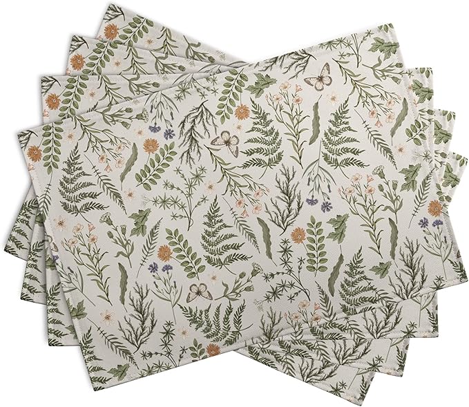 Sage Green Wild Flower Spring Summer Placemats Set of 4 Seasonal Wildflower Plants Herbs Linen Table Mats 12x18 Inch Vintage Floral Place Mats for Farmhouse Kitchen Dining Decoration