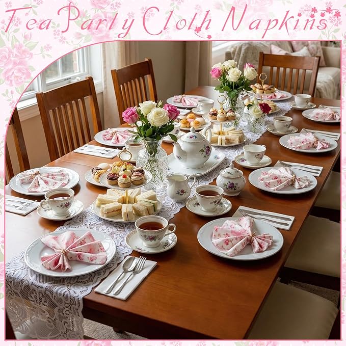 Floral Cloth Napkins 6 Patterns Washable Dinner Tea Party Napkins Reusable Plant Flowers Square Napkin Cotton Towel Decorative for Spring Wildflower Party(Pink Flowers,24 Pcs)