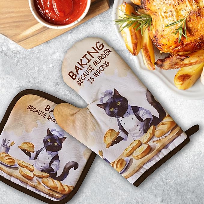 Funny Baking Cat Oven Mitts and Pot Holders（Set of 2）Baking Because Murder is Wrong Baker Mitts for Kitchen Decor Silicone Non-Slip Oven Mitts Cat Lover Gift Birthday Gift for Friend Chef