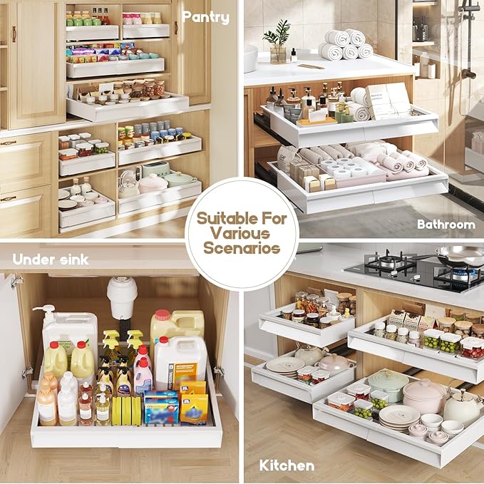 Seinloes 2 Pack Pull Out Cabinet Organizer With Raising Pad for Framed Cabinets,Expandable Width (13"-21") and Depth (13"-17"),3 Slide Rails Slide Out Drawers with Handle,No-Drill Roll Out Shelf,White