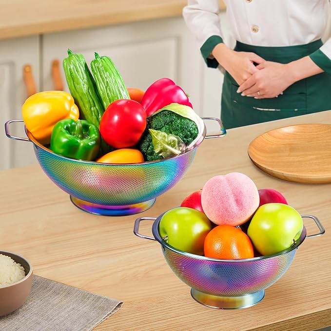 Rainbow Strainer for Kitchen, 5QT, Stainless Steel Colander with Handle for Fruits Vegetables Cooking Food, Dishwasher Safe