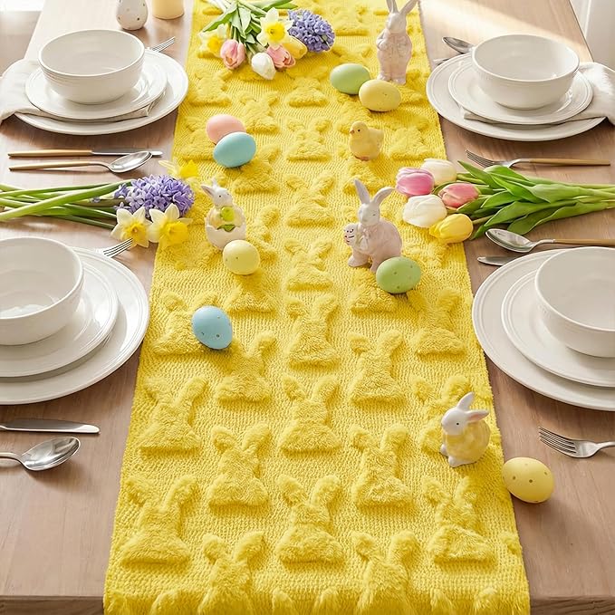 Artoid Mode Pale Yellow Soft Plush Faux Fur Jacquard Bunny Rabbit Easter Table Runner, Seasonal Kitchen Dining Table Decoration for Home Party Decor 13x72 Inch