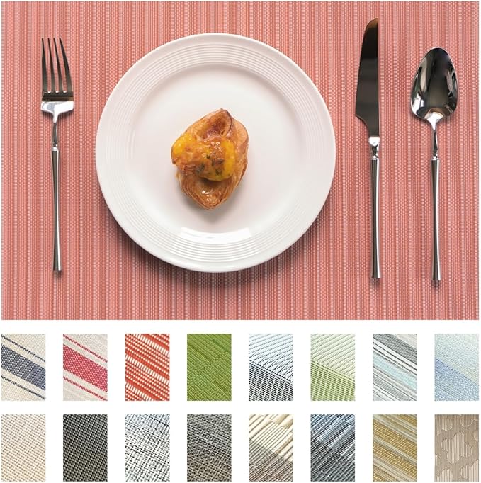 Placemats Set of 6 Vinyl/Plastic Woven Place Mats for Kitchen Table Indoor/Outdoor Washable Placemat Wipeable Dining Table Mats (Red Stripes,6)