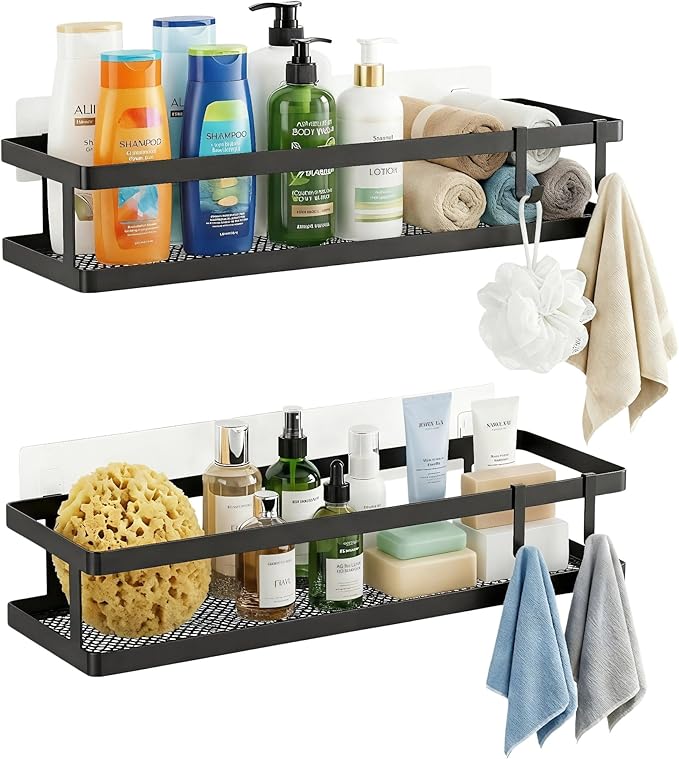PUSDON 2-Pack 16.5" Extra Long Slim Shower Caddy, Adhesive Wall Mount Bathroom Organizer, Rustproof Open Frame Mesh Spice Rack for Kitchen, Holds 50LBS - Matte Black, Guardrail