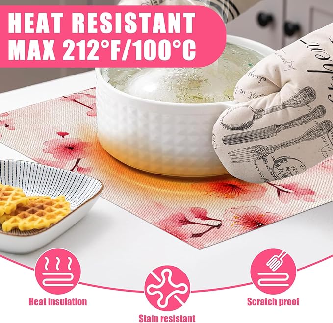 Pink Cherry Blossom Placemats Set of 6,12x18 Inch Branches Spring Floral Linen Place Mat Washable Stain Resistant Table Mats for Seasonal Farmhouse Kitchen Party Home Decor