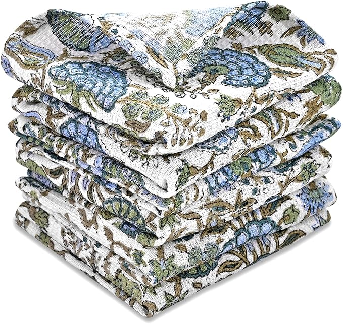 Ridhi Asparagus Green Hand Block Print Cotton Waffle Dish Cloth Set of 6-12x12 Inch Super Absorbent, Soft, Reusable Kitchen Towels for Dish Drying Cleaning, Ideal for Spring, Easter, Valentine