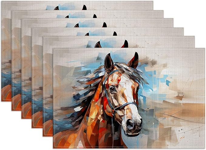 Abstract Horse Placemats Set of 6, Washable Linen Place Mat Heat Resistant Non Slip Kitchen Dining Table Mats 12x18 Inch