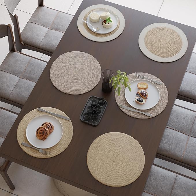 Encasa XO Dining Placemats Set of 6 | Cotton Round Table Mat - 13 in Diameter | Beige Mix Combo | Handmade Rib Style Chargers for Dinner Plates