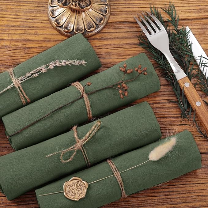 Socomi Cloth Napkins Green Fall Thanksgiving Washable Reusable Bulk Linen Cotton Napkins Set of 10 17"x17" for Wedding Party Bridal Baby Shower Birthday Dining Table Decorations