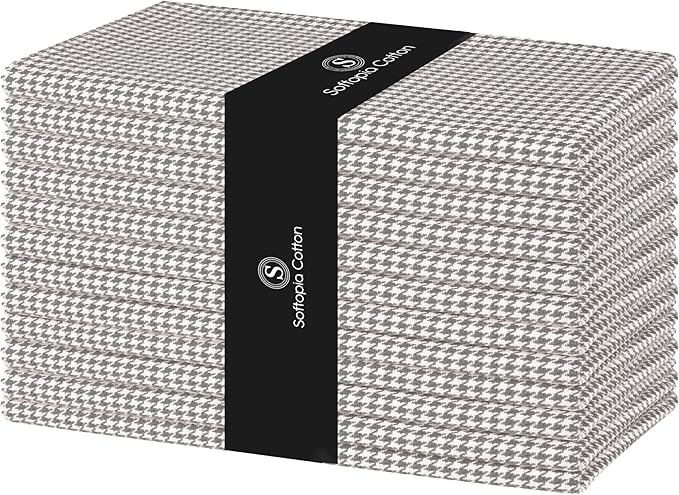 Napkins 100% Cotton Set of 12 Decorative Houndstooth Check Cloth Napkin Washable Dinner Napkins for Holiday, Dinner, Wedding, Baby Shower & Dining - Grey (18”X18”)