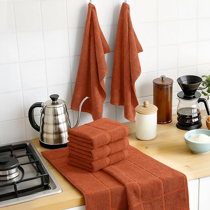 Homaxy Premium Kitchen Towels 18"x28", 4 Pack Large Cotton 380 GSM Dish Towels, Soft and Absorbent Kitchen Hand Towels with Terry Grid Design, Utility Tea Towel Set with Hanging Loop, Rust