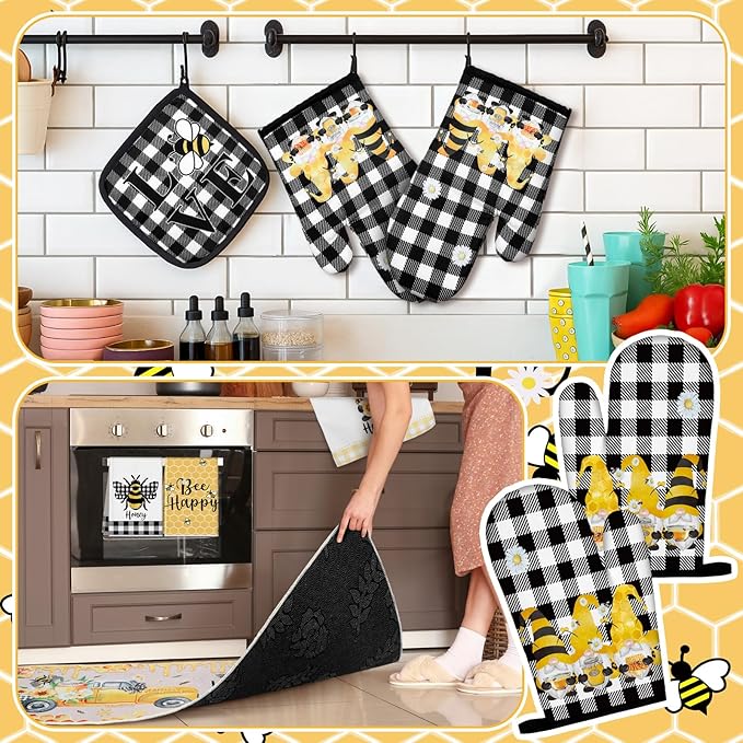Fourluoo 10 Pcs Bee Kitchen Decor Sunflower Oven Mitts and Pot Holders Set Bee Dish Towels Rugs Mats Buffalo Plaid Farmhouse Kitchen Accessories for Chef Baking Cooking Grilling BBQ Women Home Gift
