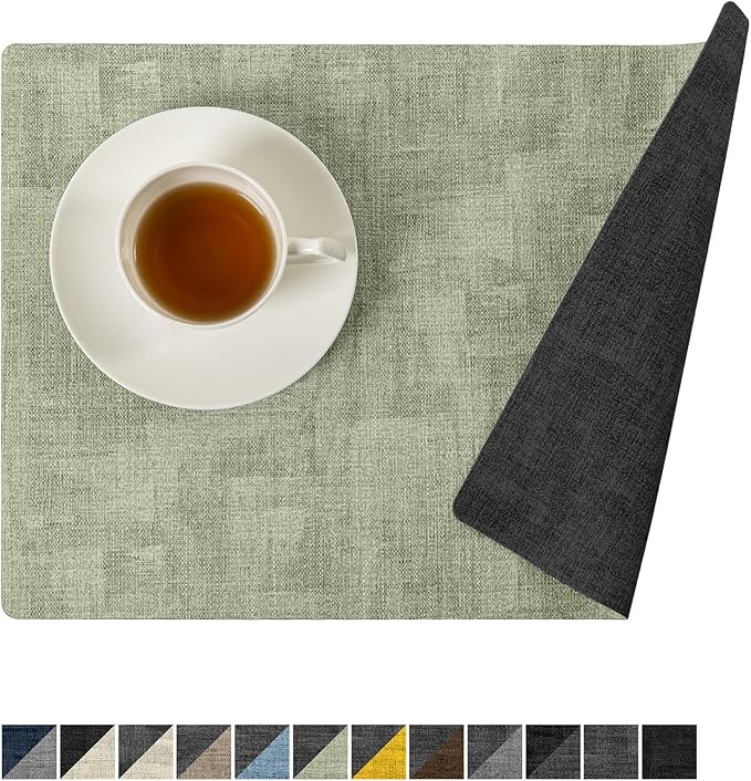 Romanstile Sage Green Placemats Set of 4-12x17 Inch, Vinyl Waterproof Washable Non Slip Table Mats, Reversible Heat Resistant Wipeable Table Placemats for Dining/Party/Indoor/Outdoor, Grey-Grass Green