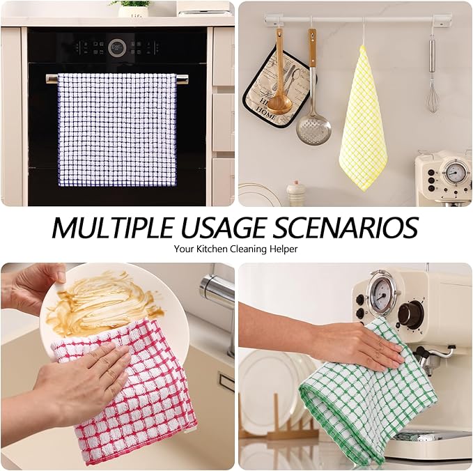 Homaxy Kitchen Towels and Dishcloths Set, 16 x 25 and 12 x 12 Inches, Set of 8 Cotton Terry Kitchen Dish Towels, Super Soft and Absorbent Dish Cloths, Blue/Yellow/Red/Green