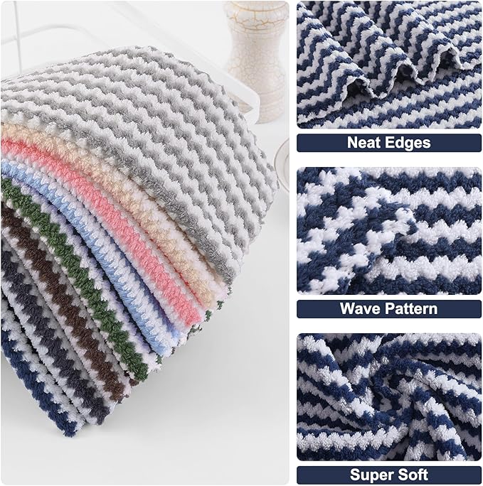 Homaxy 12 Pack Kitchen Dish Cloths, Ultra Soft and Absorbent Dish Towels, Reusable Fast Drying Microfiber Cleaning Cloth, Coral Velvet Wave Design No-lint, 7 x 9 inches, Navy Blue