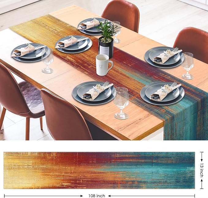 Emvency Blue and Orange Table Runner, Vintage Abstract Messy Rust Painting Dining Decor for Kitchen Coffee Table Family Dinners Holiday Parties Wedding Events Decor(13x60 inch)