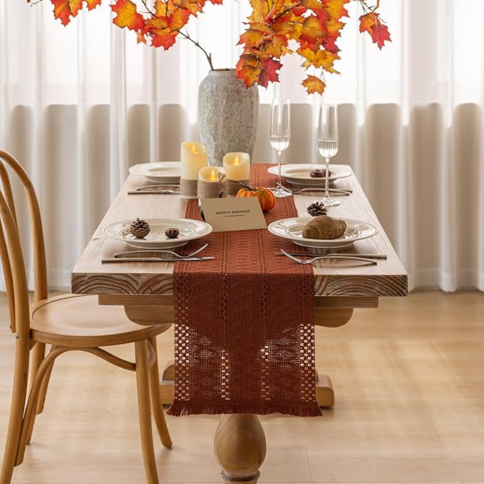 Keketoarrange Boho Rust Table Runner for Home Decor 12x72 Inches Farmhouse Macrame Burlap Jute Rustic Dining Kitchen Centerpiece Bohemian Decor French Country Baby Bridal Shower Decorations