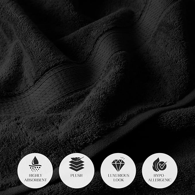 SUPERIOR Solid Egyptian Cotton Towel Set, Washcloths 13” x 13”, Hand Towels 20” x 30”, Bath Towels 30” x 55”, Black, 6-Pieces