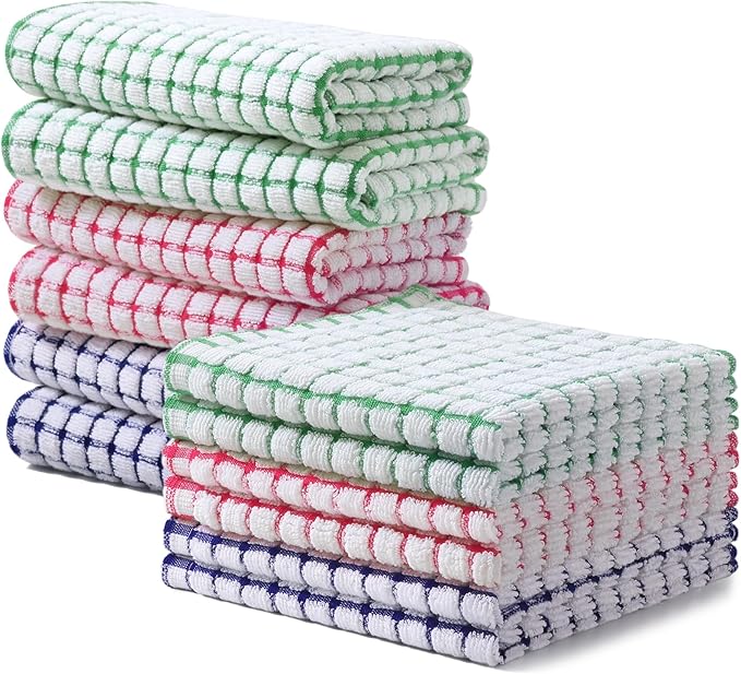 Homaxy Kitchen Towels and Dishcloths Set, 16 x 25 and 12 x 12 Inches, Set of 12 Cotton Terry Kitchen Dish Towels, Super Soft and Absorbent Dish Cloths, Red/Blue/Green