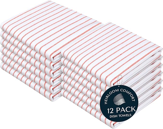 Red Stripe Cotton Kitchen Towels Set of 12, Durable & Super Absorbent Dishcloths Pack, Classic Stripe Towel Set, Quick Dry Towels for Daily Kitchen Use, Wiping & Drying Dishes