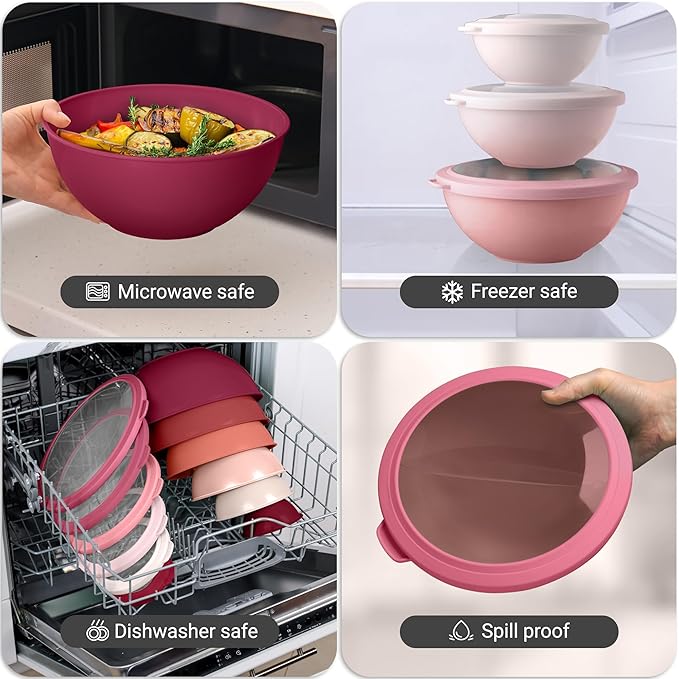 Zulay Kitchen 12 Piece Plastic Mixing Bowls with Lids Set - Leak-Proof Microwave & Freezer Safe Stackable Mixing Bowl Set for Preparing, Serving and Storing - Non-Slip Large Nesting Bowls (Red Ombre)