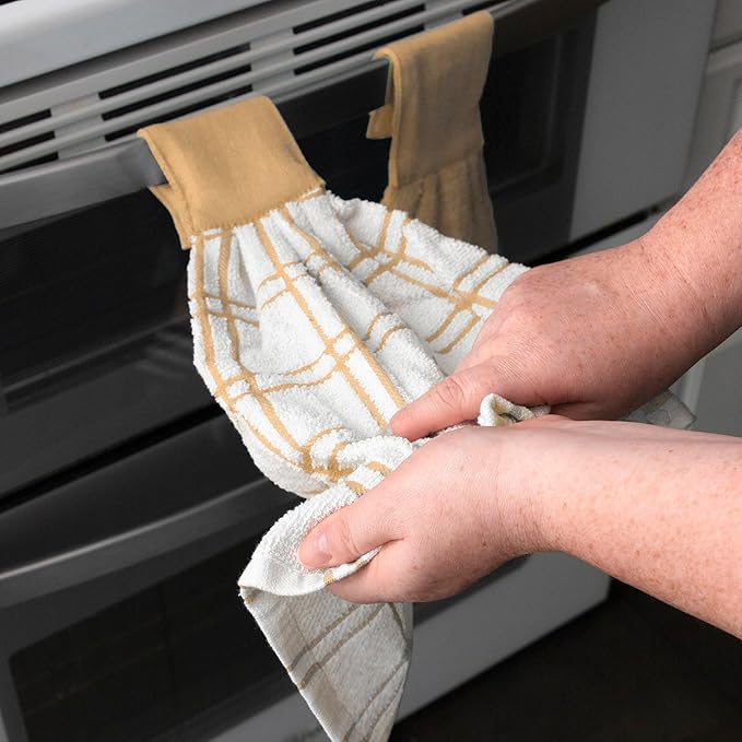 Ritz Premium 100% Cotton Solid and Multi Check Kitchen Tie Towel Absorbent, Super Soft, and Fast Drying Hang Towel, Set of Three, Straw