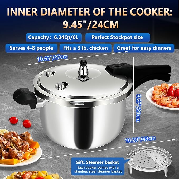 Pressure Cooker Stainless Steel pressure cooker 6 quart Commercial Stove Top Pressure Cooker Pot, Compatible with Gas & Induction Cooker 6+ quart for canning stainless steel