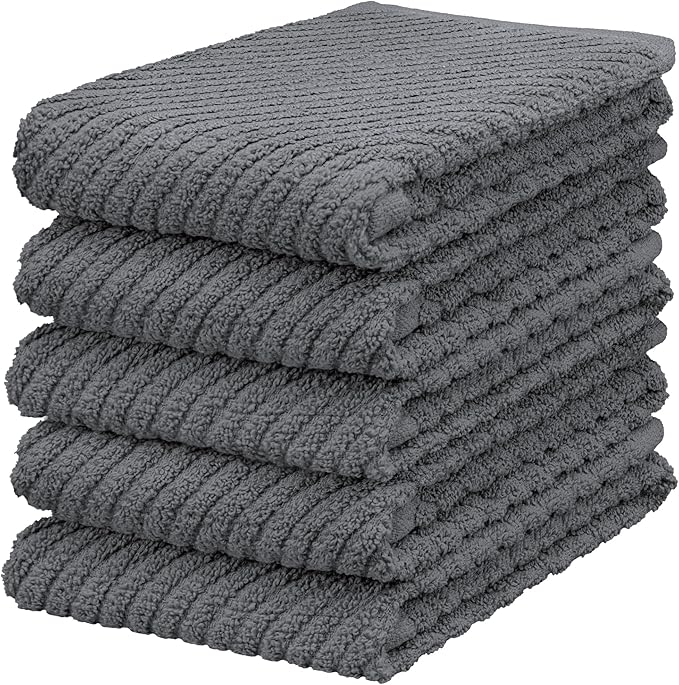 DecorRack 5 Pack 100% Cotton Kitchen Towels, 16x19 inch Soft Terry Dish Towels Absorbent & Durable for Drying, Cleaning & Cooking, Grey (Pack of 5)